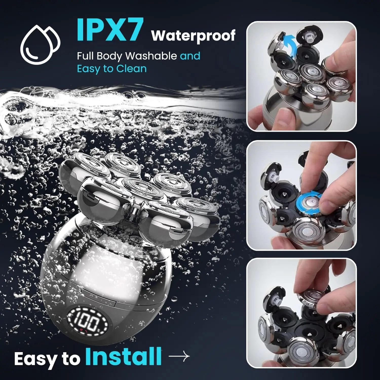 ماكينة حلاقة برأس عائمة 7D للرجال الأصلع 5 في 1 شاشة LED IPX6 مقاومة للماء ماكينة حلاقة على شكل جمجمة شحن لاسلكي ماكينة حلاقة الرأس الأصلع الرطب/الجاف