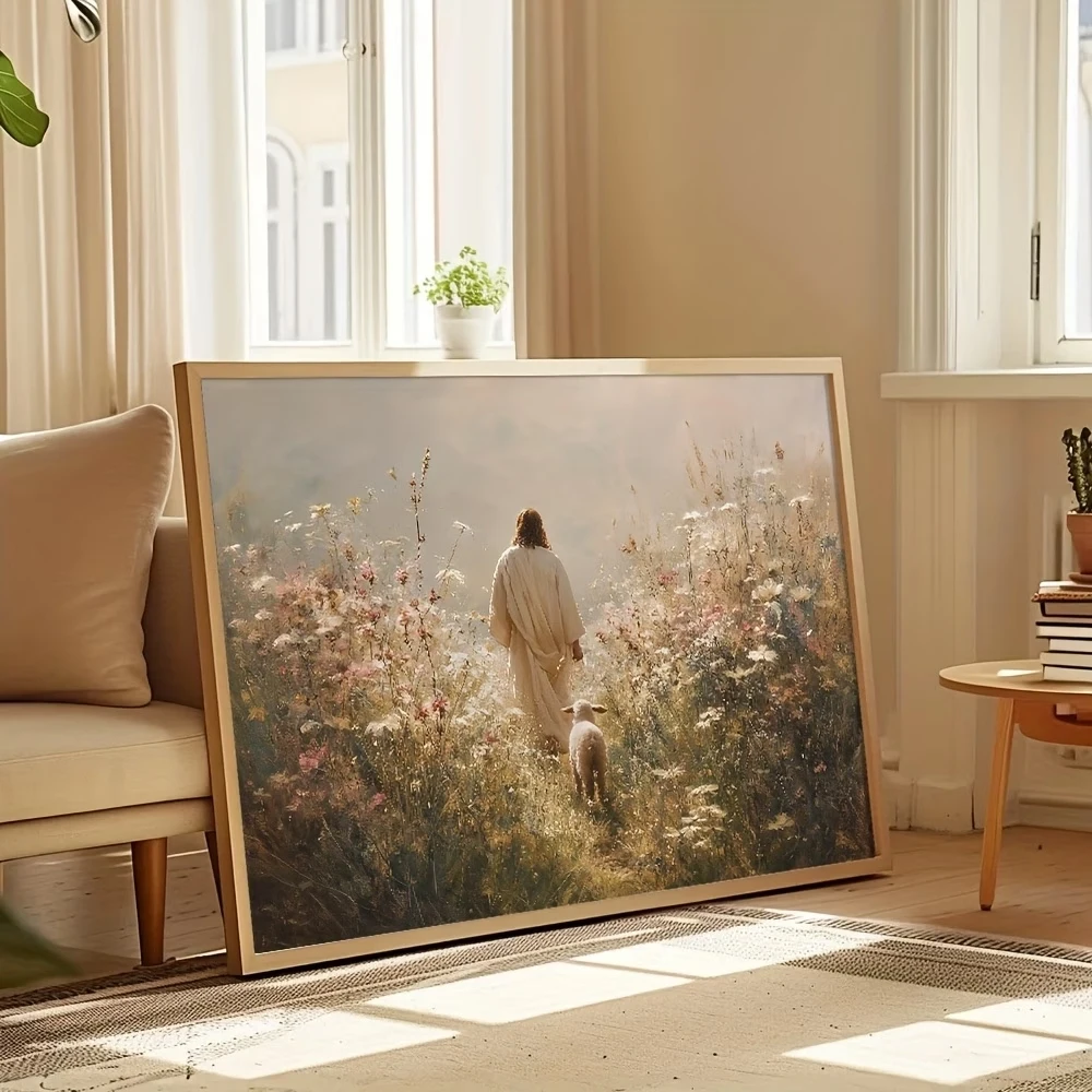 Retro Jesus and the Lost Sheep Good Shepherd Wall Art Print Canvas Painting Poster Picture For Bedroom,Living Room Home Decor