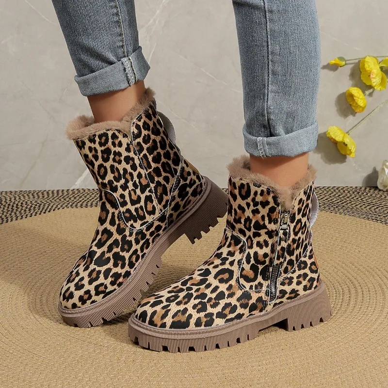 New Style Thick Bottom Leopard Ankle Boots Women Winter Warm Thick Plush Snow Boots Woman Non Slip Platfrom Boots Zapatos Mujer