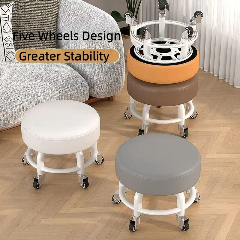 Heavy-Duty Low Roller Stool With 5 Swivel Wheels Low-Height Short Rolling Stool Seat PU Leather Small Mechanic Chair For Garage