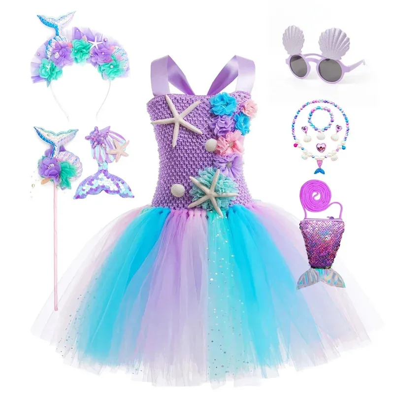 

Mermaid Tutu Dress with Coral Starfish Appliques Off Shoulder Fancy Princess Toddler Birthday Party Puffy Gown 1-12Y