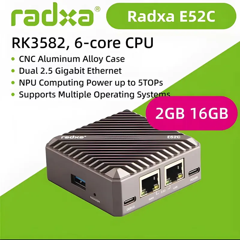 

Radxa E52C 6 Núcleos Dual Ethernet 2.5G Caja Aleación Aluminio CNC NPU 5TOPs Computación Edge