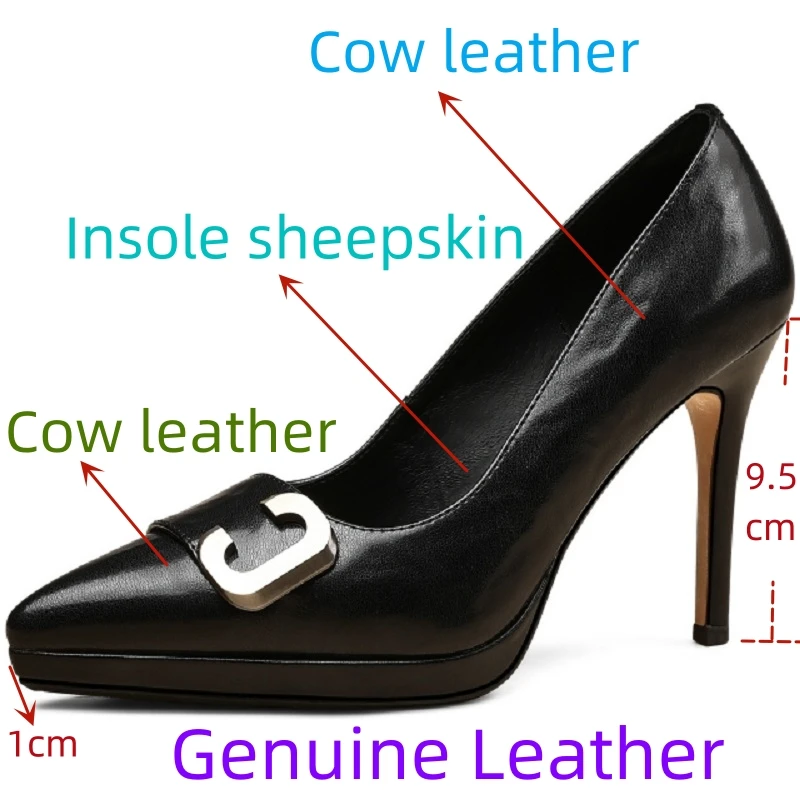 【JOCHEBED HU】Luxury Design Sexy Pointed Toe Thin High Heel Pumps Women Genuine Leather Metal Decora Shallow Fashion Dress Shoes