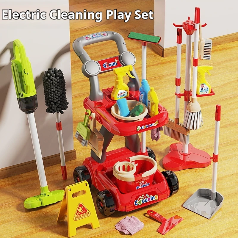 

Kids Simulation Cleaning Cart Toy Set Pretend Play Broom Dustpan Sweeping Housekeeping Tools for Girls Boys