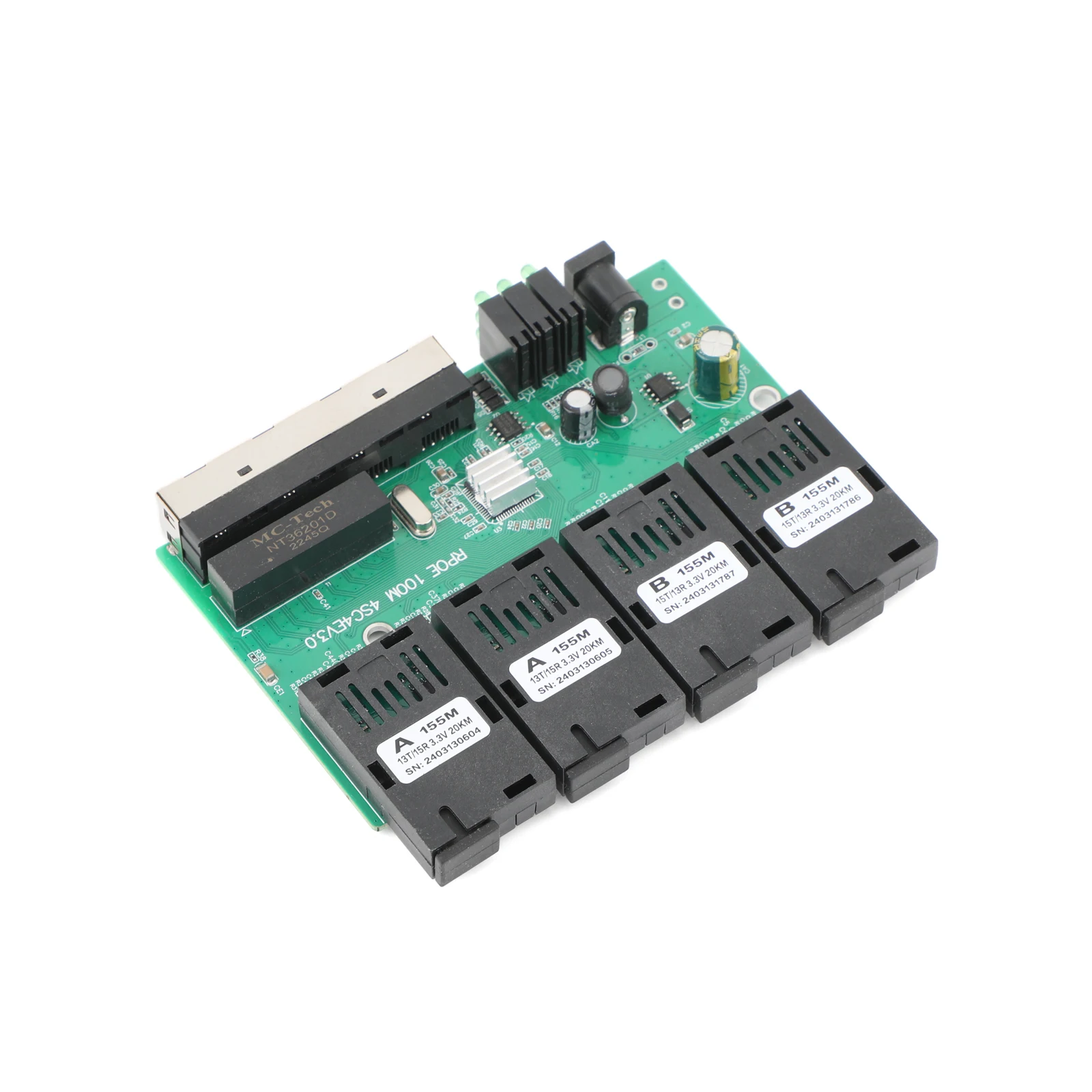 10M/100M PCBA Board Optic Media Converter 4RJ45 to 4SC 2A+2B Fiber Optic Connector 1310nm/1550nm Ports 20KM Ethernet POE Switch