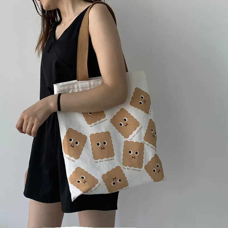 

Canvas Bag Women's Large Capacity Bag Reusable Portable Cartoon Handbag Multi-purpose Shoulder Tote Bag with Hanging Cotton