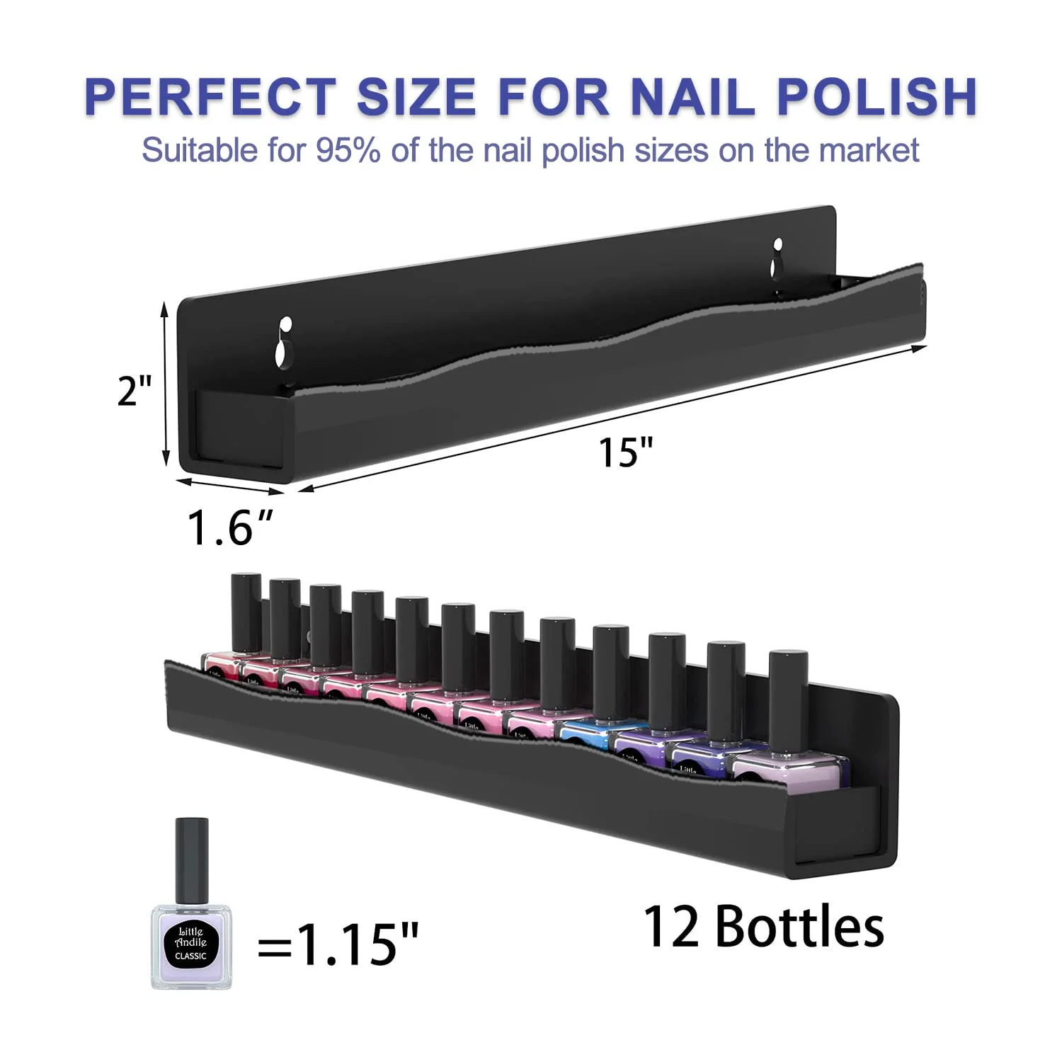 Nail Polish Wall Rack: 4 Shelves 15 Inch Black Acrylic Nail Polish Organizer for 48-66 Bottles Multi-Purpose Acrylic Shelf.