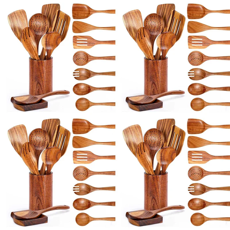 

【GIFT】36 PCS Wooden Spoons For Cooking, Wooden Utensils For Cooking With Utensils Holder, Teak Wooden Kitchen Utensils Set