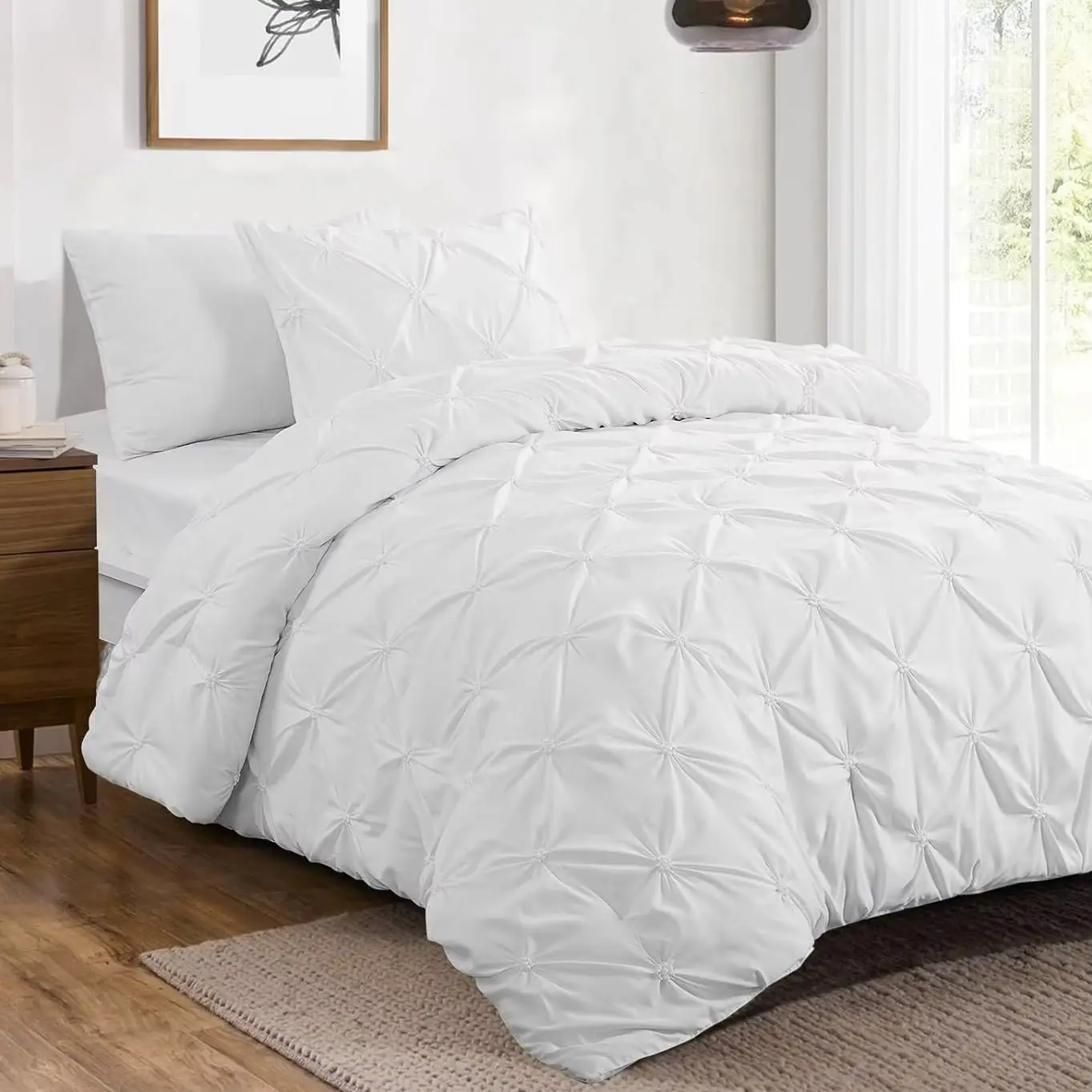 Battilo Pinch Pleated Duvet Cover Set Solid Quilt Cover with 2PCS Pillowcases Soft Bedding Set for Twin Full Queen King Size Bed