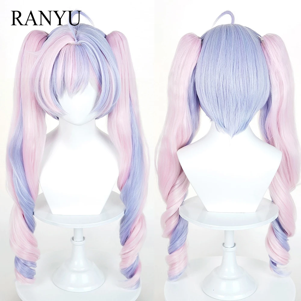 Long Wavy Double Ponytail Clip Short Straight Synthetic Wigs with Bangs Pink Blue Anime Game Cosplay Fluffy Wig for Daily Party
