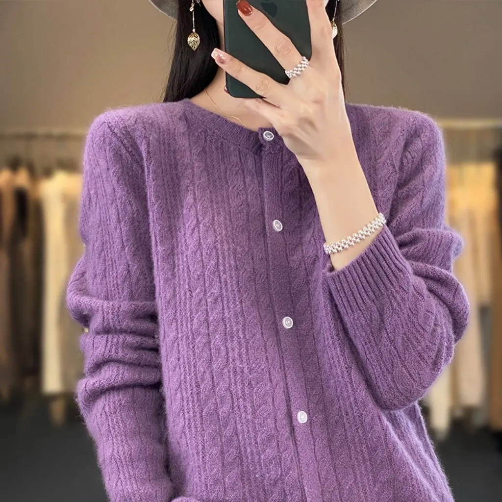 

Women's 100% Pure Wool Knitted Cardigan Jacket round Neck Loose Solid Color Sweater Base Shirt for Autumn Winter