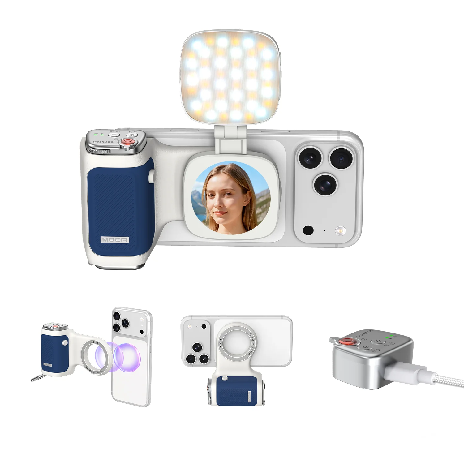 قبضة إطلاق مريح من COMITOK MOCA لهواتف iPhone، قفل التركيز/مصراع DSLR، جهاز تحكم عن بعد قابل لإعادة الشحن + مرآة اختيارية/إضاءة ملء