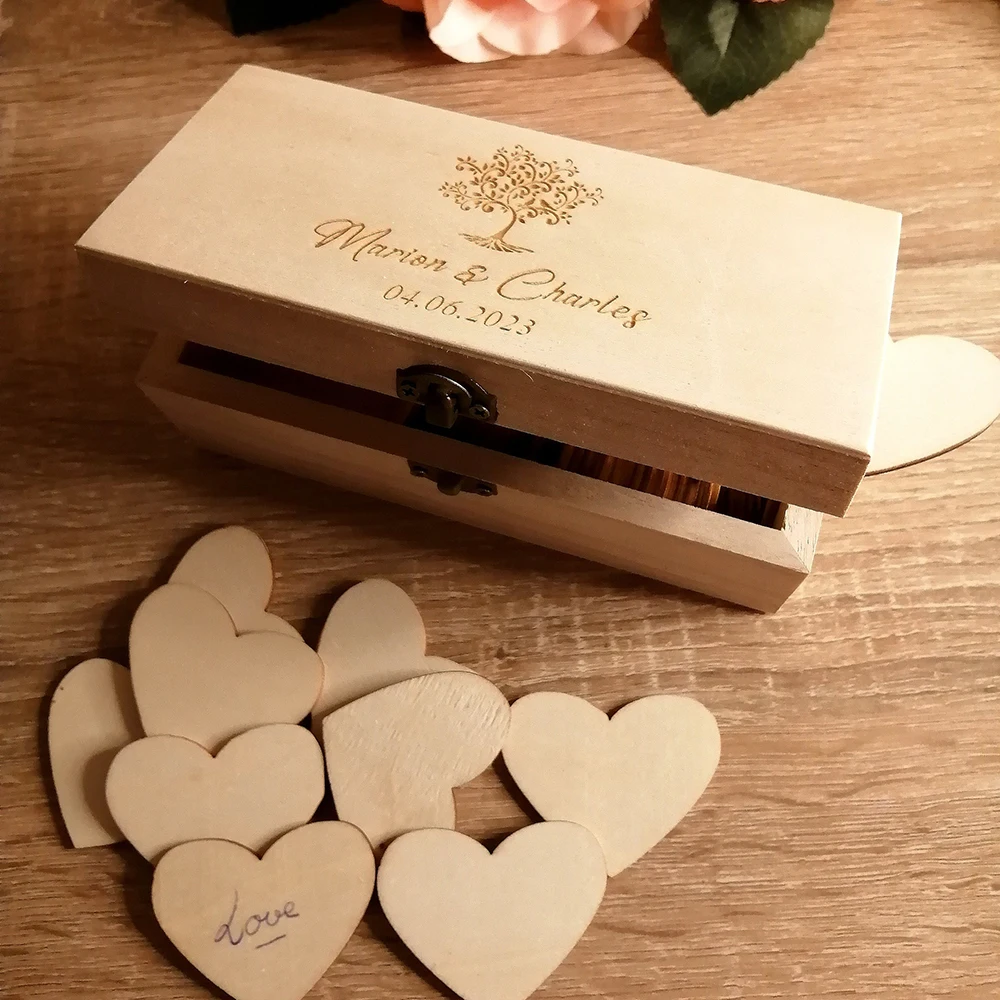 Personalized Guest Book with 50 Wooden Hearts Engraved Rustic Alternative Wedding Keepsake Box Wedding Gifts Original Guestbook