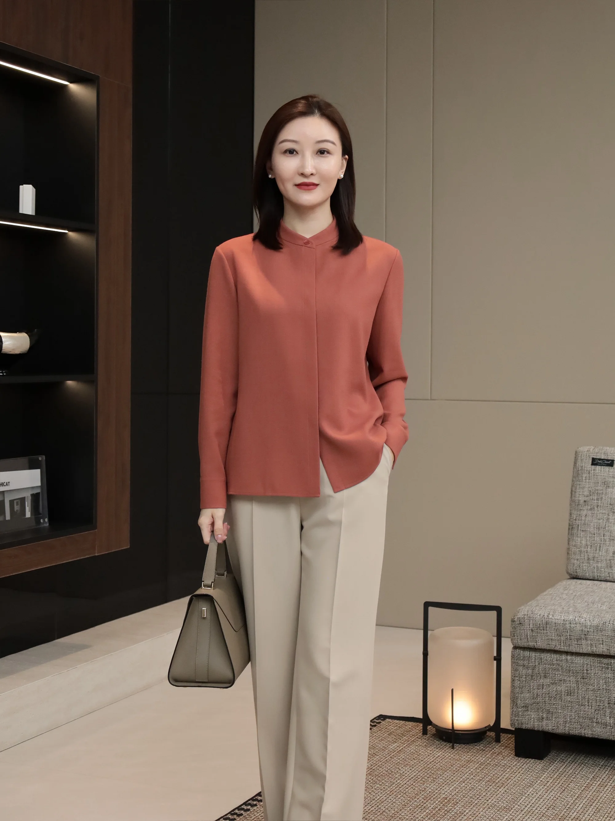 

Chicat Chinese Style Long Sleeve Woolen Shirt Stand Collar Commute Dry And Breathable Women's Fashion Spring Autumn Shirt