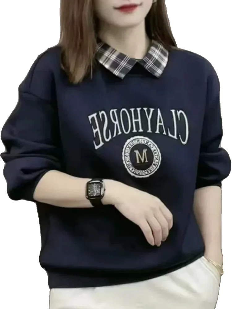 Primavera Autunno New Sle Felpa da donna Colletto irt Sciolto Faionable Anti-età Falso in due pezzi Vestibilità comoda