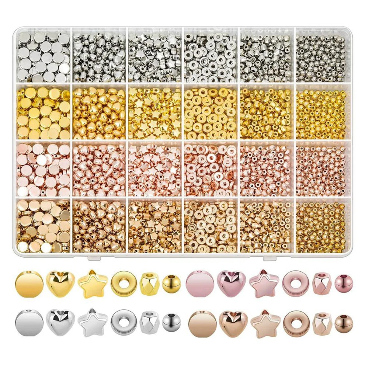 1920 PCS Gold Spacer Beads Set, Assorted Round Star Beads for Bracelet Jewelry Making(Gold, Silver, Rose Gold, KC Gold)