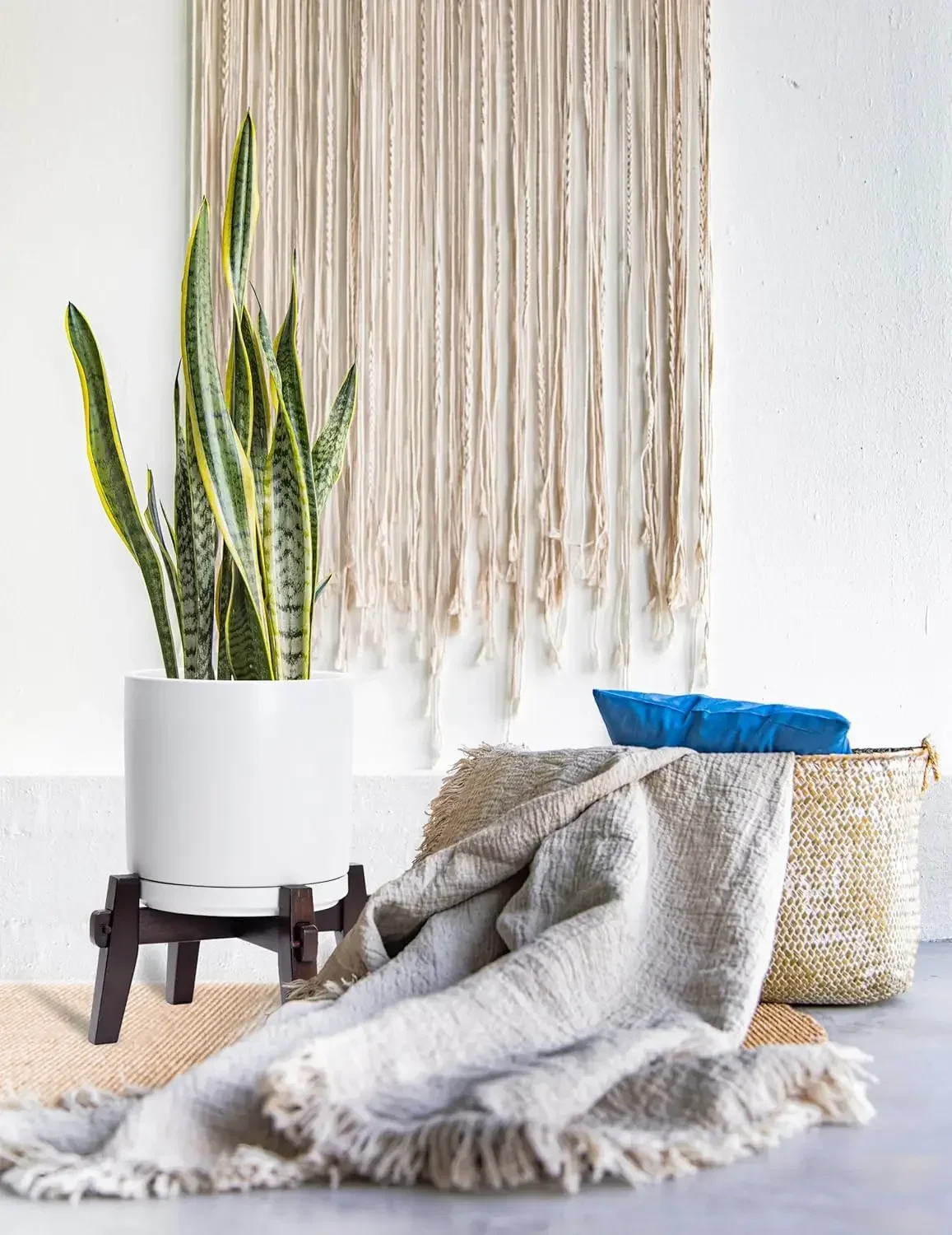 

Керамическое кашпо XMSJ с деревянной подставкой - 10-дюймовый набор цилиндрических горшков для комнатных растений и цветов в стиле середины века, белый