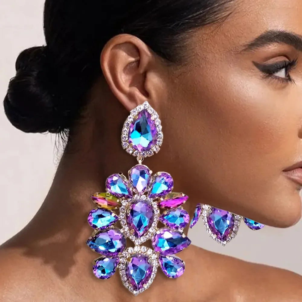 Colorful Chandelier Drop Earrings Large Accessories for Women Gift 2024 Trend Exaggerate Rhinestone Dangle Earrings Stud Jewelry