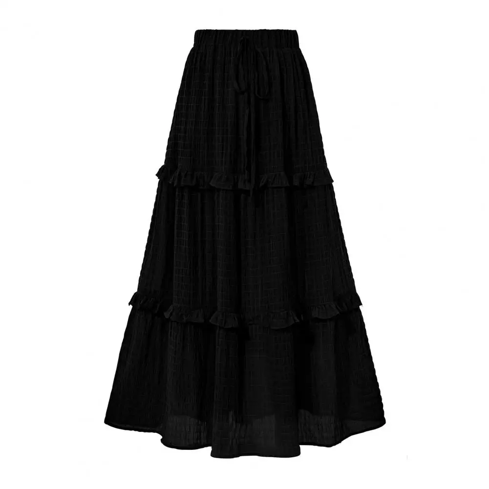 Rok Midi wanita rok berlipat tali serut dapat diatur pinggang tinggi elastis rok berlipat warna Solid Ruffle jahitan A-Line pakaian sehari-hari