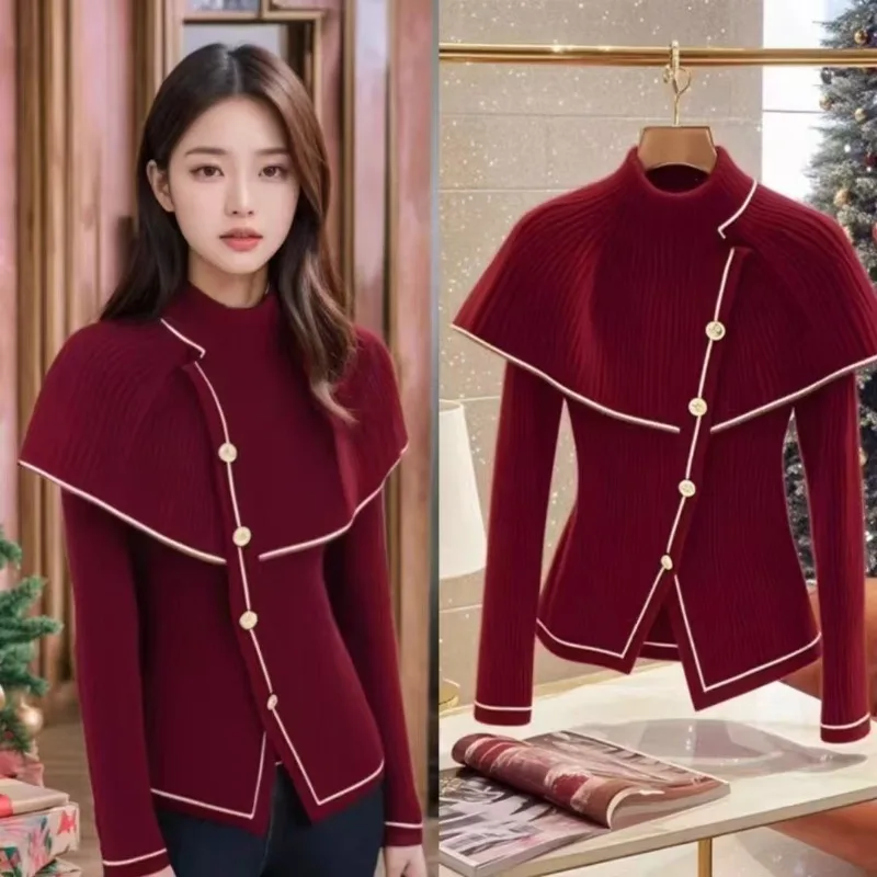 Christmas New Year Half-Neck Small Fragrance Knitted Top Women's Winter Red Cape Style Irregular Button Sweater Jacket