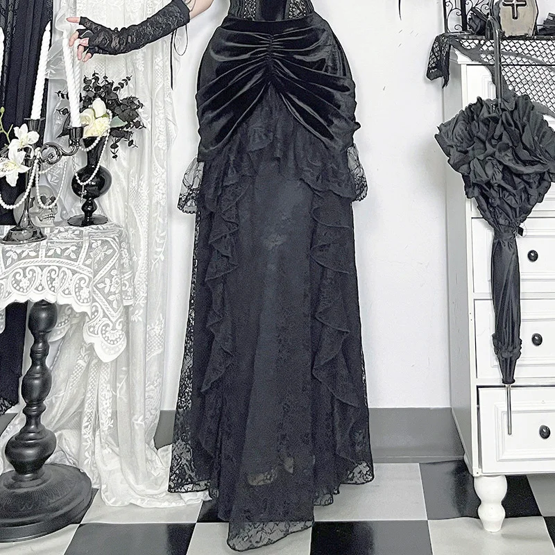 Autumn 2025 Lolita Gothic Velvet Women's Long Skirt for Womens Subcultural sexy fashion lace patchwork hip hugging Maxi skirts