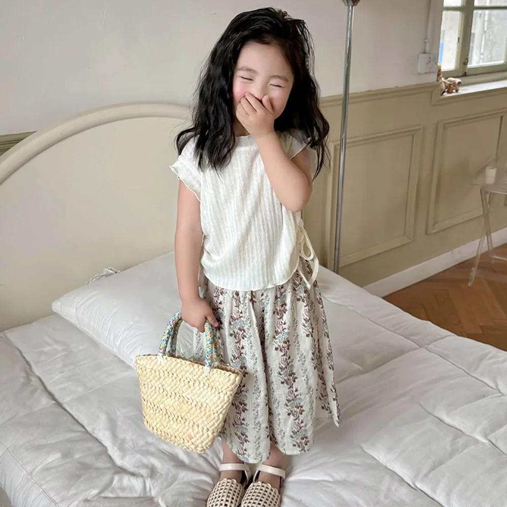 1-10T Girl's Casual Beige Cotton Two-Piece Set Solid White Ruffles Sleeve Drawstring Tank+Elastic Flower Print Loose Leg Pants