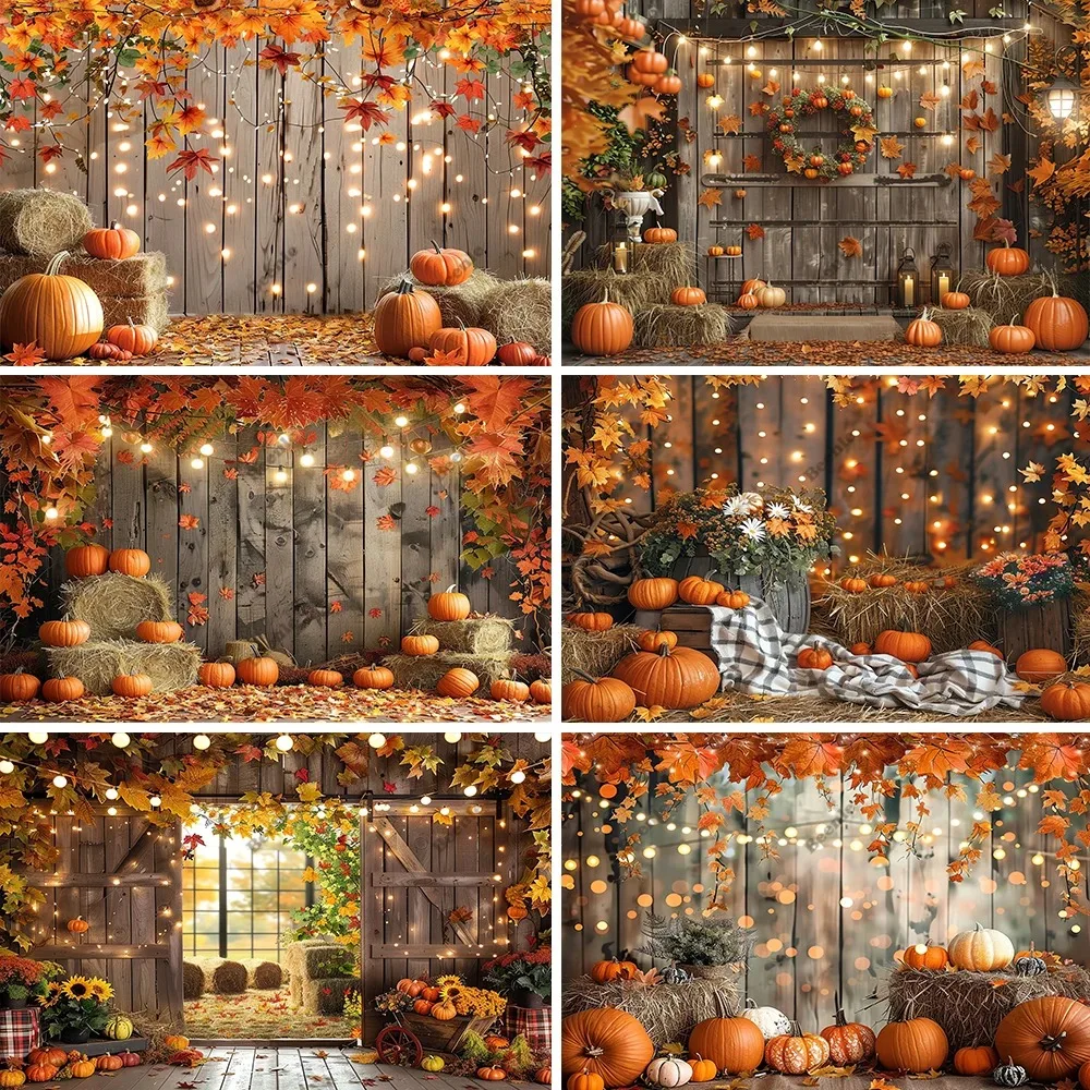 

Beenle Autumn Scenery Backdrops Fall Farm Barn Haystack Maple Pumpkin Truck Thanksgiving Portrait Photo Photography Background