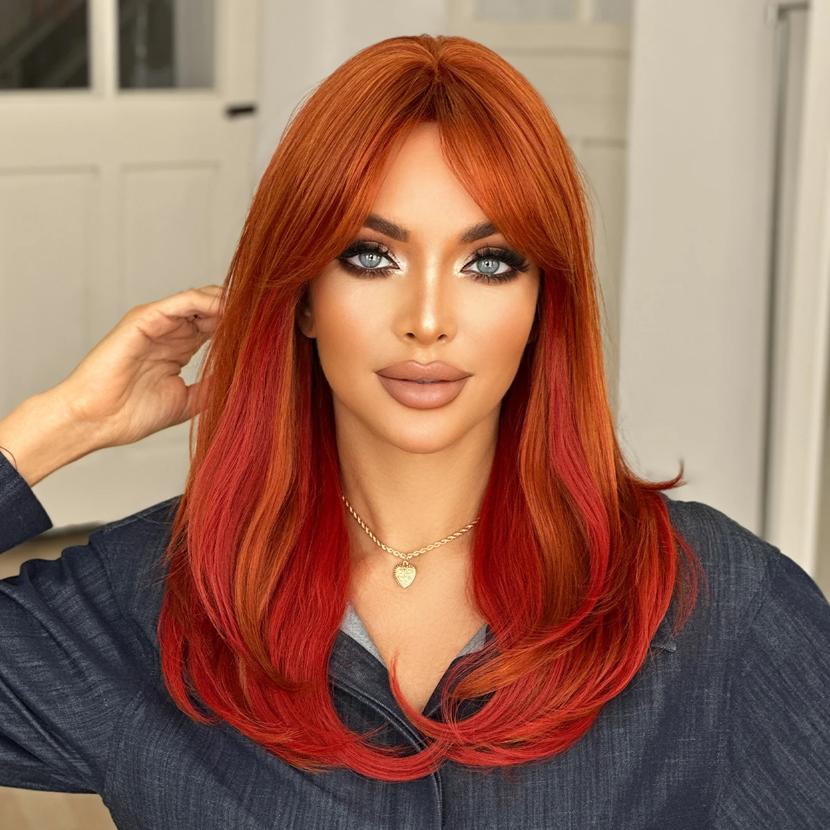 7JHH WIGS Long Straight Orange Wig for Women Modest Fashion Synthetic Middle Part Wear and Go Copper Wigs with Curtain Bangs - view 2