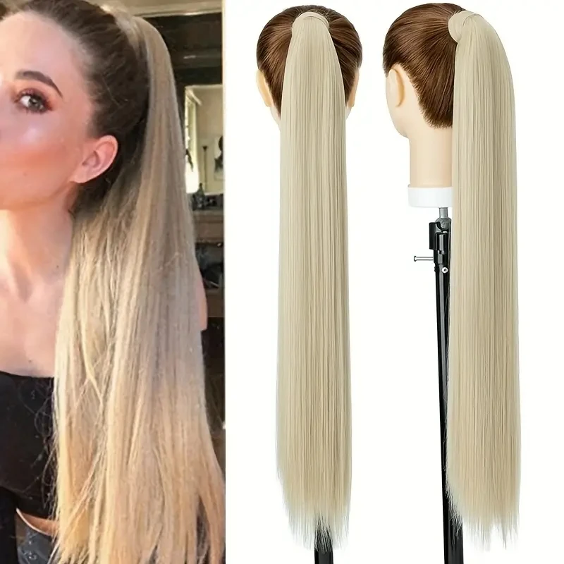 Snoilite Synthetic Long Straight Ponytail Extensions 28 Inch Wrap Around Light Golden Brown Ponytails Hair Piece Pony Tail Hair