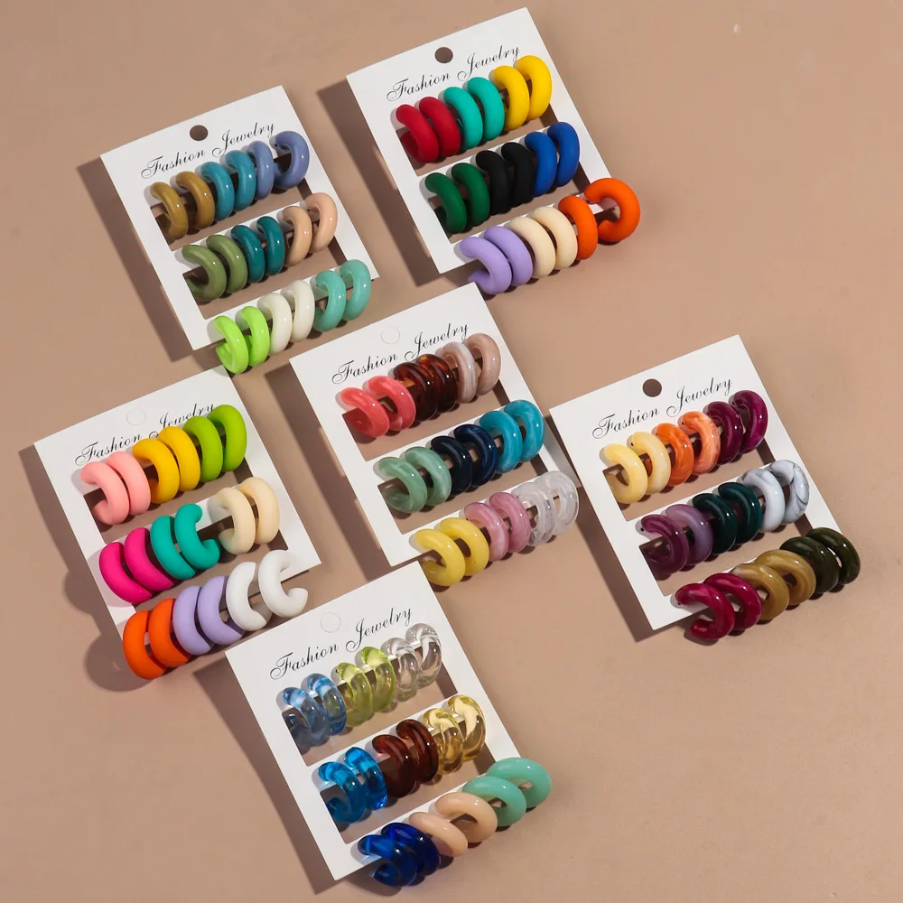18pcs/set Colorful Acrylic Small Circle Hoop Earrings for Women Vintage Resin Geometric C-Shape Drop Earring Fashion Jewelry