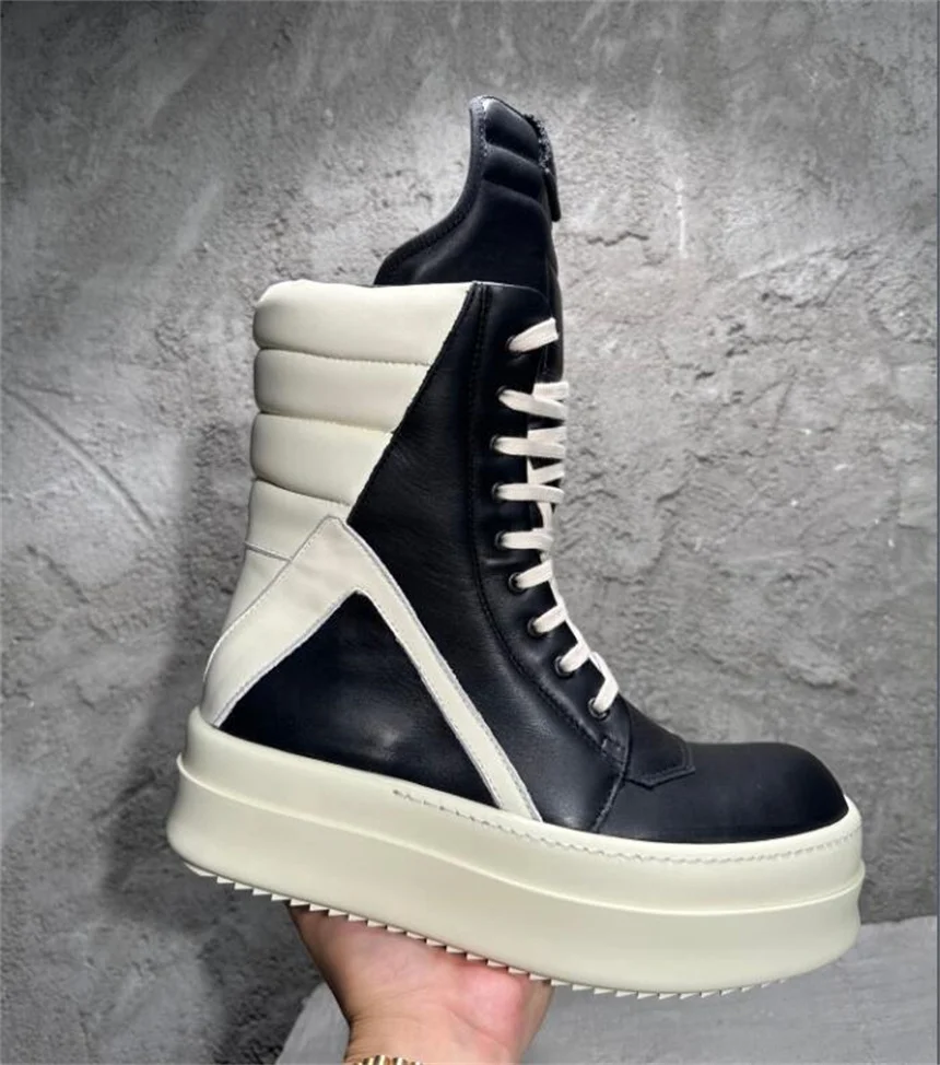 Mid-High Cowhide Handmade Thick Sole Increasing Platform Punk Hip Hop Street Boots