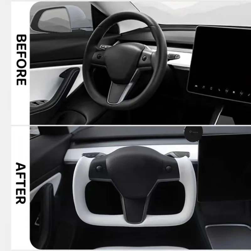 Volante con maniglia a giogo per Tesla Model 3/Y 350mm con riscaldamento accessori per auto in pelle NAPP in carbonio laterale personalizzati