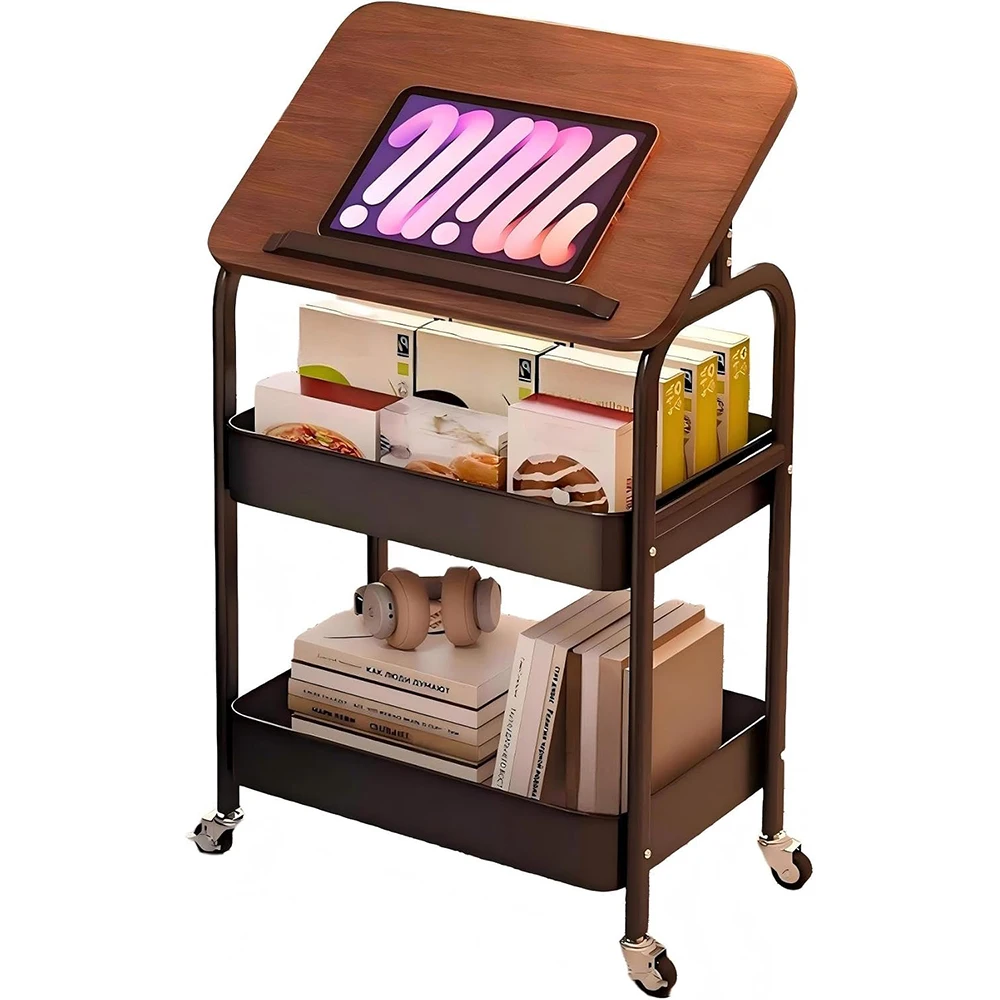 Carrello mobile a 3 ripiani con ripiano in legno e ruote, scaffale portaoggetti per l'organizzazione domestica, tavoli portaoggetti