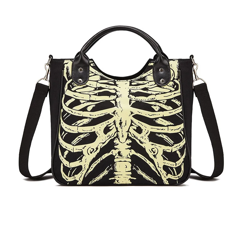 

New Gothic Handbag, Women's High-end Sense Large-capacity Canvas Bag, Skull Personality Fluorescent Printing Women's Bag