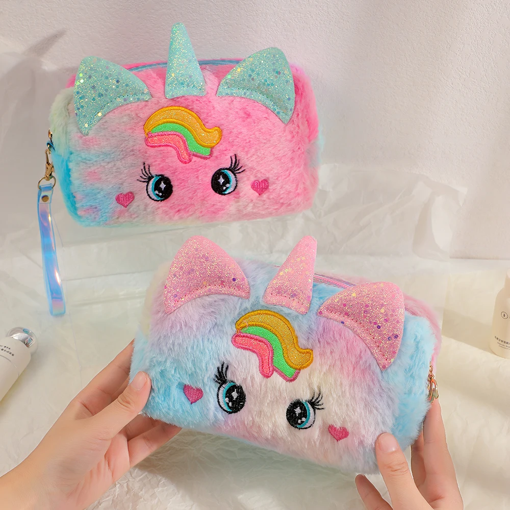 Kawaii Girls Unicorn Clutch Bags Lovely Plush Pouch Big Capacity Makeup Organizer Bag Student Pencil Case