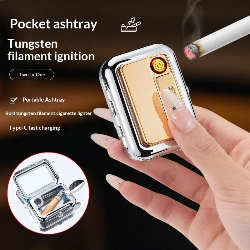 2026 Creative 2-in-1 Integrated Ashtray Lighter Zinc Alloy Windproof Tungsten Wire Ignition Outdoor Portable Ashtray USB Lighter