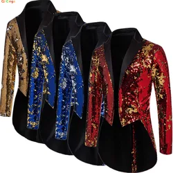 Rouge métallisé brillant paillettes smoking hommes, performance, fête, scène robe manteau, mode cardigan longue veste trempée, S-XXL