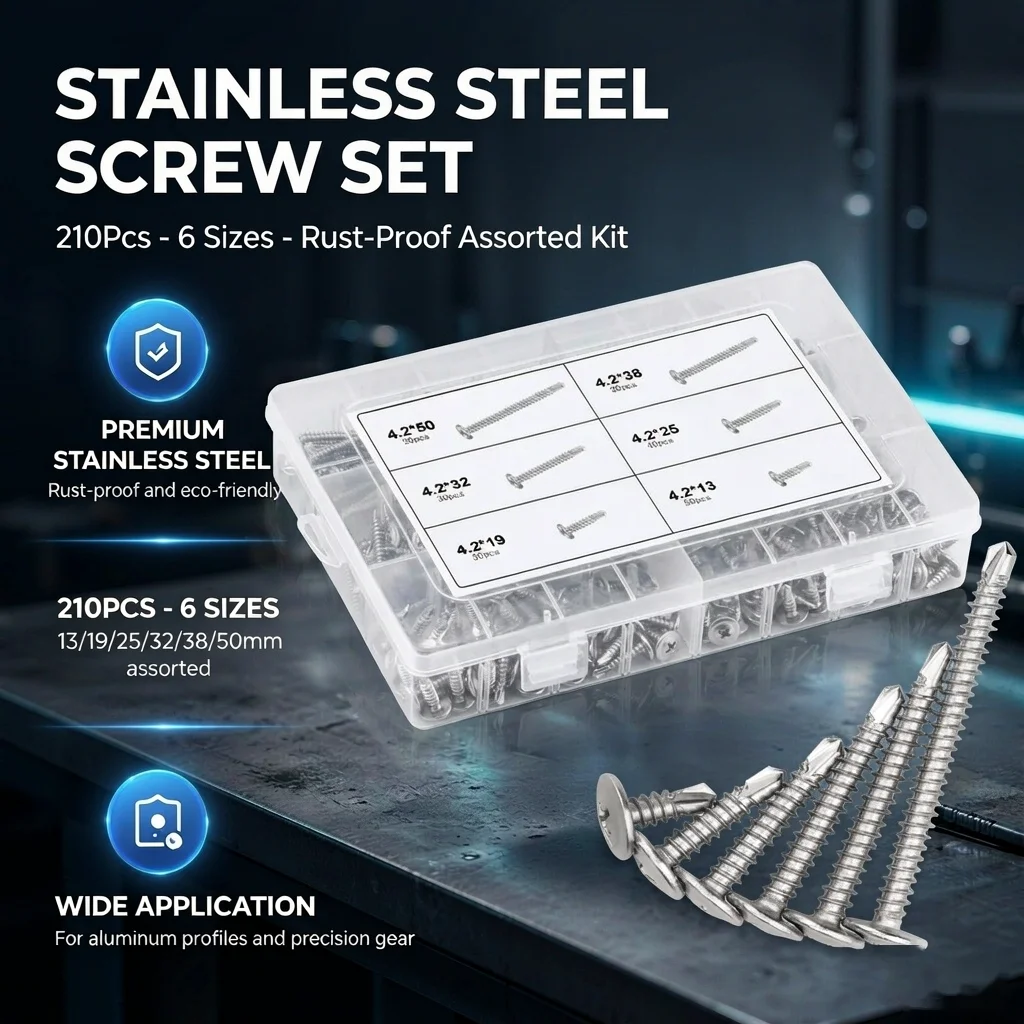 210Pcs Hexagon Washer Self Tapping Screws Set 6 Sizes 13mm 19mm 25mm 32mm 38mm 50mm Drill Tail Screws Assortment Kit with Storage Box for Furniture Assembly Home Repair Woodworking DIY Projects Workshop Tool