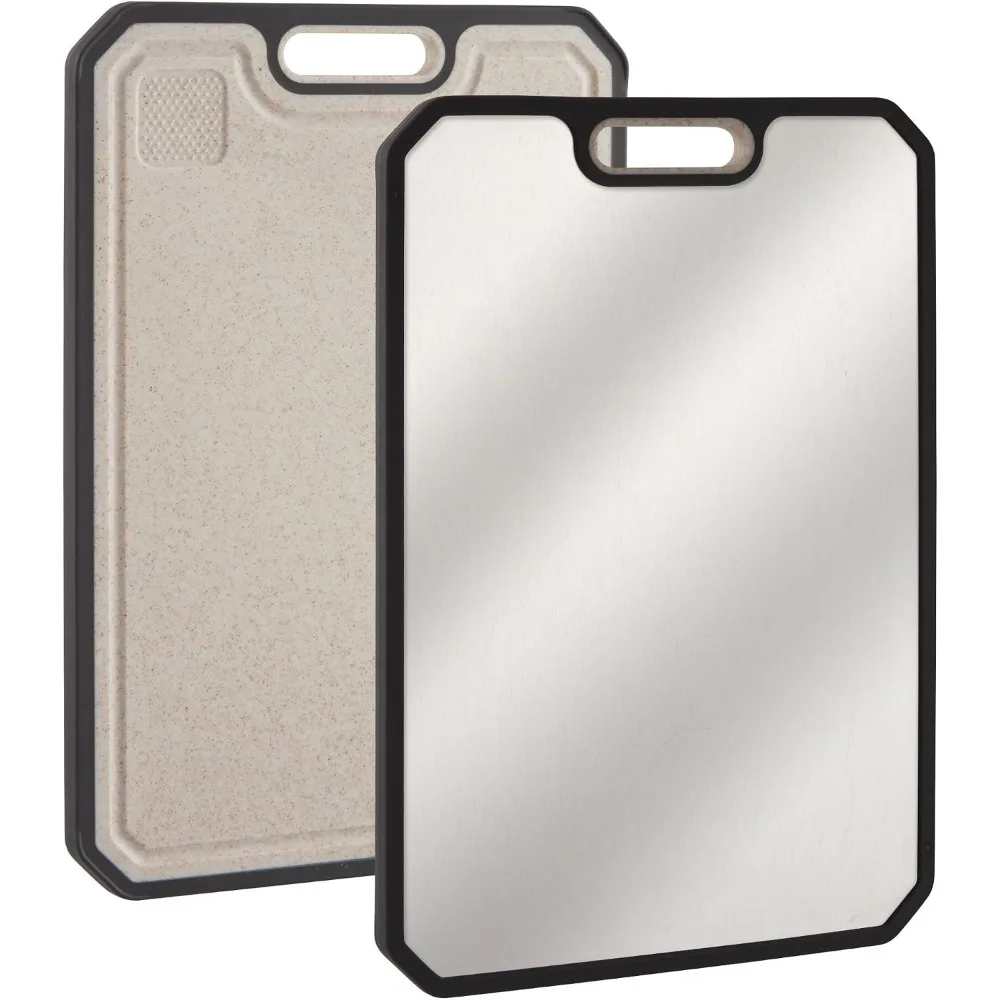 Stainless Steel Chopping Board 38.5 x 26.5 cm Large Double Sided Cutting Board for Kitchen 304 Food-Grade Steel & Wheat Straw PP Easy Clean
