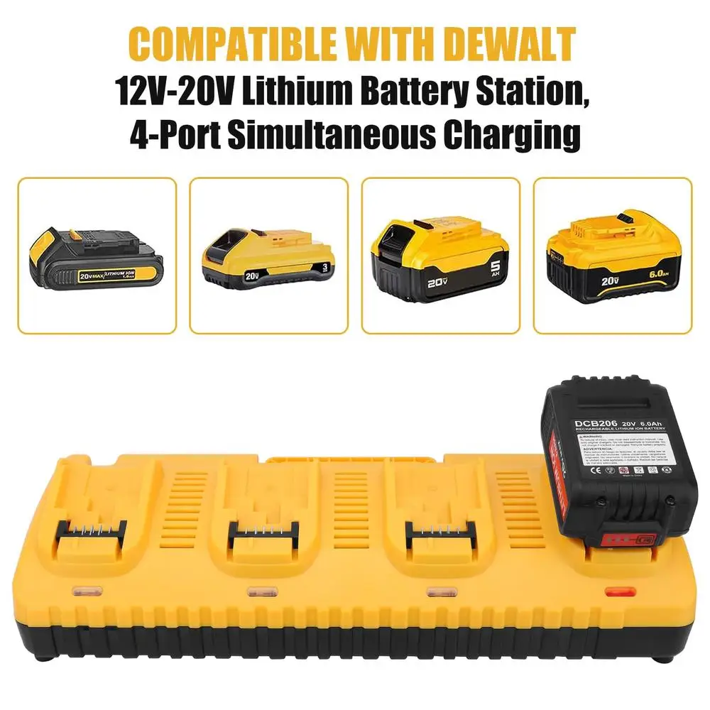 4-Port Dewalt 12 فولت/20 فولت ماكس محطة شاحن بطارية ليثيوم مؤشر LED التوافق DCB120 DCB124 DCB206 شحن سريع الحرارة