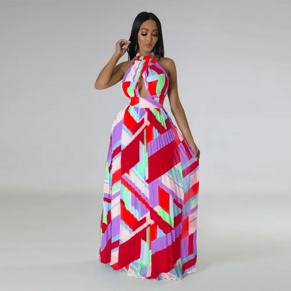 Lady Casual luźna, wiązana na szyi, plisowana sukienka z odkrytymi plecami, damska modny nadruk, bez rękawów, plażowa sukienka Boho, elegancka, długa sukienka na ramiączkach