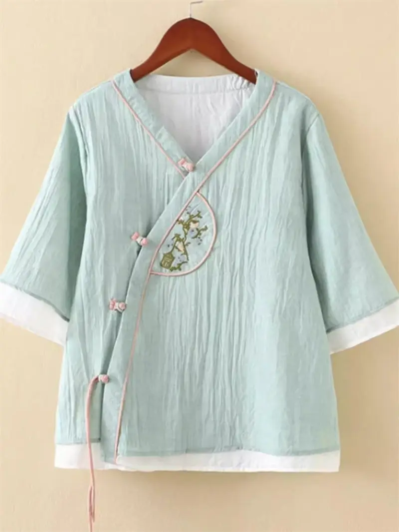 

2024 Chinese Style Diagonal Button Up V-Neck Embroidered Shirt For Women Summer Comfortable And Versatile Cotton Linen Top K358