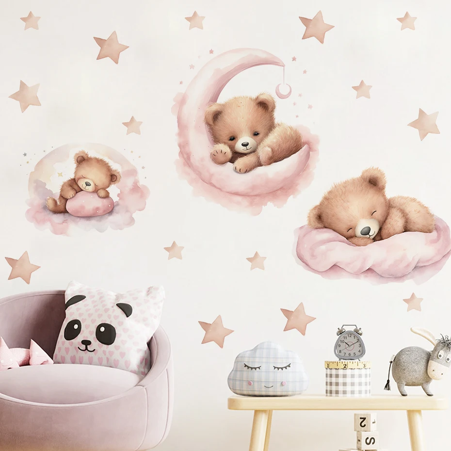 

Pink Cartoon Teddy Bear Moon Wall Stickers for Kids Room Baby Nursery Decor Sticker Boy Girls Bedroom Baby Room Wall Decals