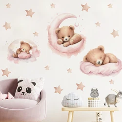 Pink Cartoon Teddy Bear Moon Wall Stickers for Kids Room Baby Nursery Decor Sticker Boy Girls Bedroom Baby Room Wall Decals