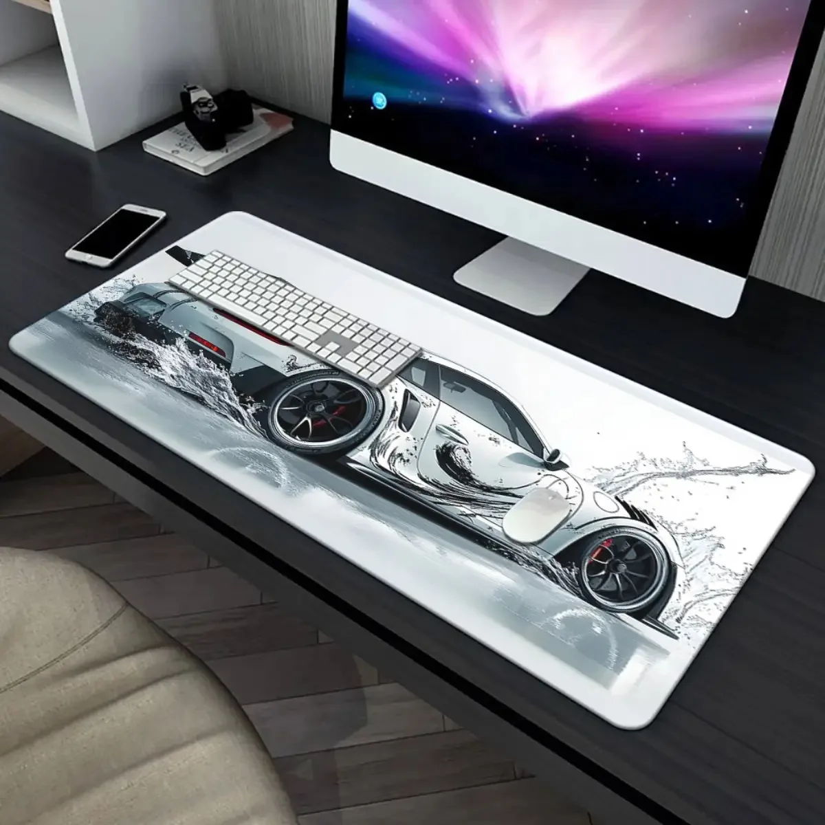 

Большой игровой коврик для мыши с дизайном белого спортивного автомобиля, с прошитыми краями, моющийся, нескользящий, для клавиатуры и ноутбука, 1000×500