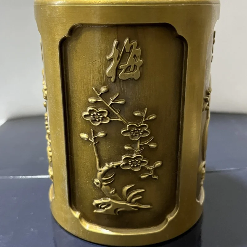 Brass Pen Holder Ornament Office Study Desktop Pen Holder Plum Orchid Bamboo Chrysanthemum Creative Home Decoration Artwork