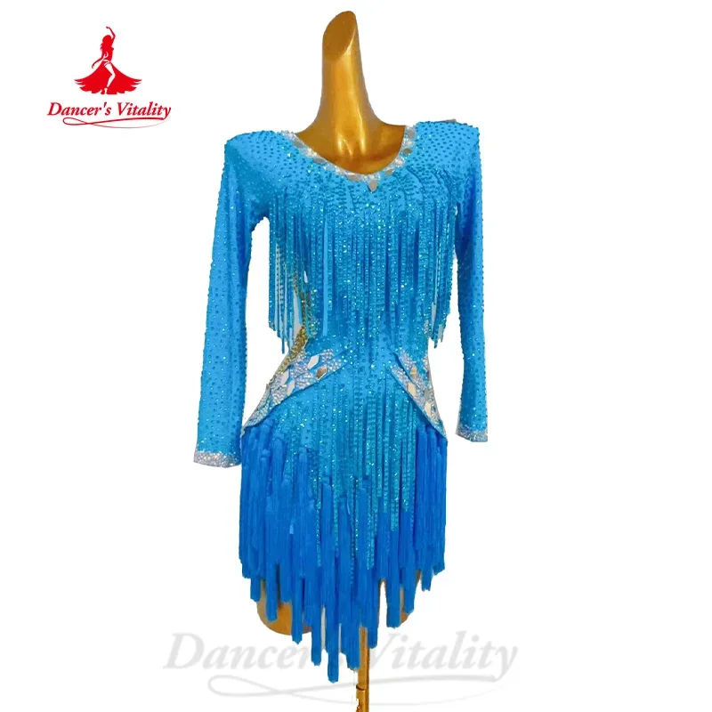 Latin Dance Backless Dress Women's Customized Luxury Full Diamond Tassel Dresses Girl Tango Samba Rumba Competition Clothing