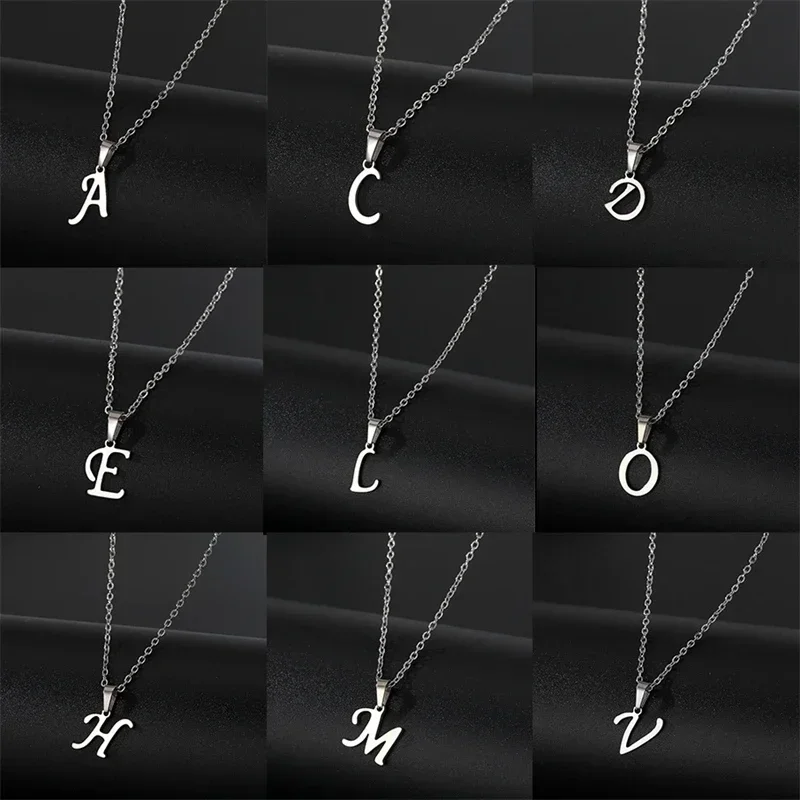 Vintage Initial Letter Pendant Necklace for Women Simple Stainless Steel Letter Glossy Clavicle Chain Choker Necklaces Jewelry