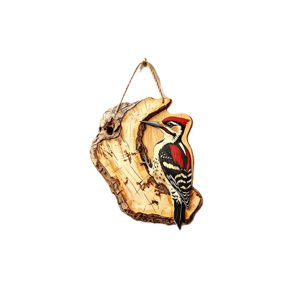 Rustic Wooden Bird Wall Hanging Plaque, 2D Printed Woodpecker Boxwood Wall Decor, Farmhouse Style Ornament for Bird‑Lovers, 6.7inch × 8inch, 5mm Thick