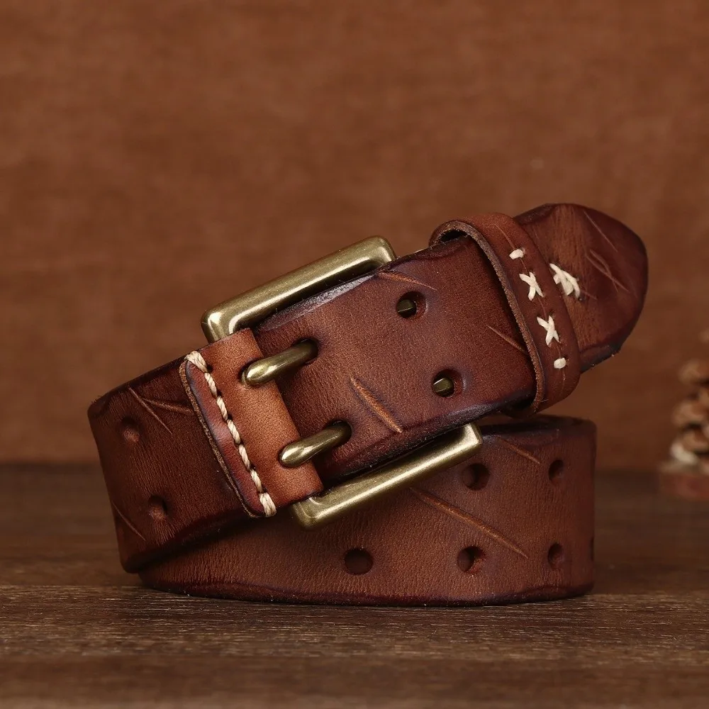 4mm-Thick Cowhide Belt 3.8cm-Wide Double-Slotted Double-Pin Girdle Solid Brass Rugged-Edge Handcrafted Waistpiece Skater Boys